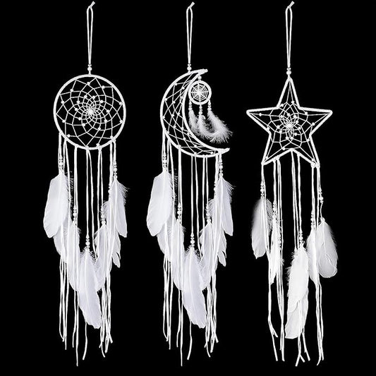 Jetec 3 Pcs Dream Catcher Moon Sun Star Design Handmade Traditional Craft Ornament Wall Art Hanging Home Decoration for Bedroom Room Decor Wedding Halloween Christmas Decorations Gift(White)