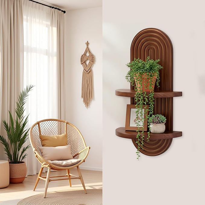 SweetSage Mordern Wall Shelf with Arched Mid Century Art Boho Decor Design Floating Shelves for Home Bedroom Living Room Farmhouse Display Wall Plant Holder Decoration, 22 x 11.8 Inch, Walnut