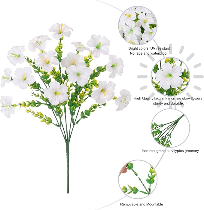 Artificial Flowers for Outdoors Decoration, 20 Bundles White Faux Morning Glory with Eucalyptus Look Real UV Resistant Fake Plants Silk Flowers for Outside Yard Gardens Porch Patio Planter Home Urn