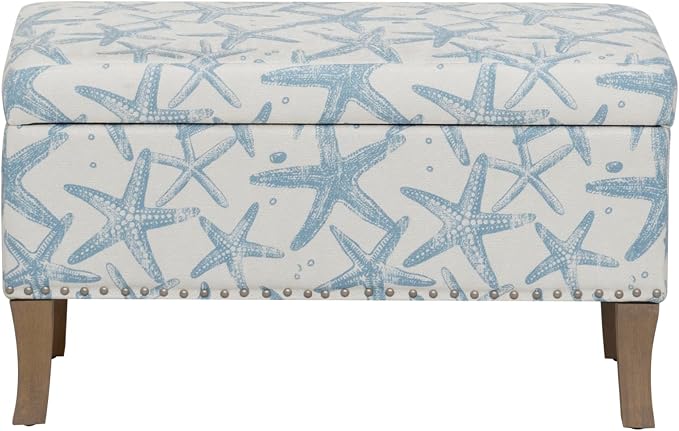Linon Stephanie Cream and Light Blue Starfish Fully Upholstered Bench with Hidden Interior Storage