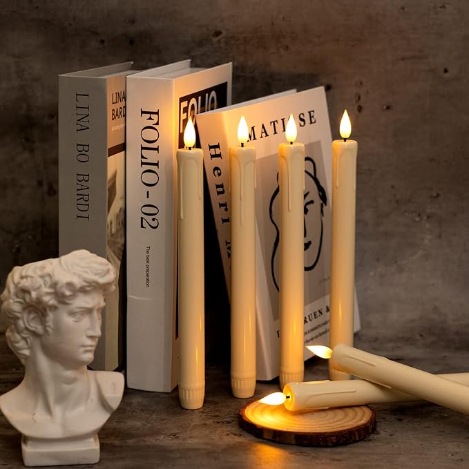 Homemory 6 Pcs Flameless Taper Candles with Remote, Timer, Dimmer, Ivory Battery Operated CandleSticks with Flickering Light, Plastic Led Window Candles, 9.6 Inches for Halloween Christmas Decoration