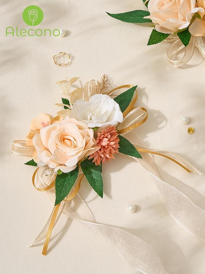 Alecono Champagne Corsage and Boutonniere Set, Corsages for Bride Bridesmaid Groom Bridegroom, Artificial Flowers for Prom Graduation Ceremony Anniversary