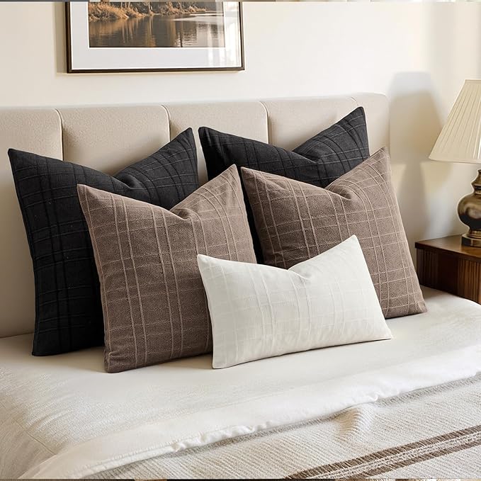 MIULEE Decorative Linen Check Throw Pillow Covers Neutral Farmhouse Vintage Pillow Covers 20x20 Set of 2 Boho Modern Home Decor for Sofa Couch Bedroom Cushion Black