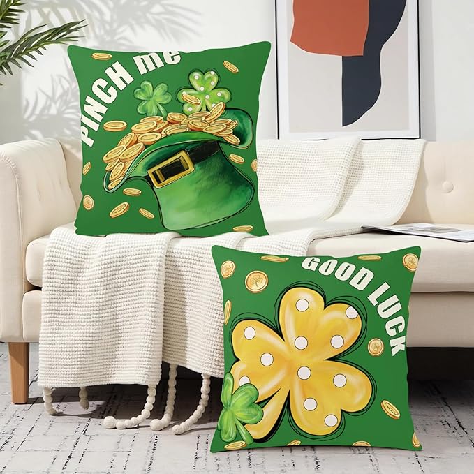 St Patricks Pillow Covers Polka Dots Shamrock Pillowcases Lucky Hat Filled with Gold Coin Clover Cushion Cases 20x20 Set of 2 Saint Patricks Day Decorations for Home Sofa Couch