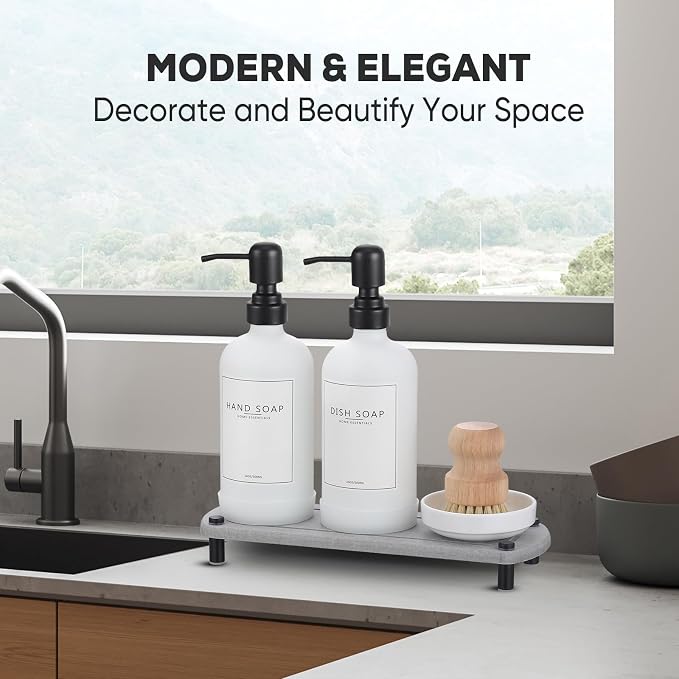 Kitchen Soap Dispenser Set with Instant Dry Tray,16 Oz Hand and Dish Soap White Glass Dispenser Set,Stainless Steel Pump,Waterproof Labels,Dish Brush,Luxury Soap Bottle for Kitchen,Bathroom