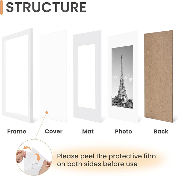 upsimples 8.5x11 Picture Frame Set of 5, Display Pictures 6x8 with Mat or 8.5 by 11 Without, Wall Gallery Photo Frames, White