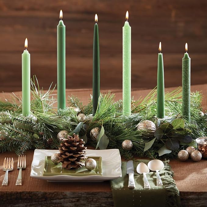 Root Candles 12-Count Unscented Taper Candles Smooth Hand-Dipped Dripless Beeswax Enhanced Boxed Candle Set, 9-Inch, Dark Green