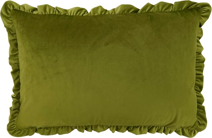 SARO LIFESTYLE Ruffle Edge Velvet Throw Pillow - Soft Velvet Throw Pillow with Down Filled Comfort for Cottage Home Decor, Cozy Living Spaces and Bedroom Accents, 16"x24", Kiwi