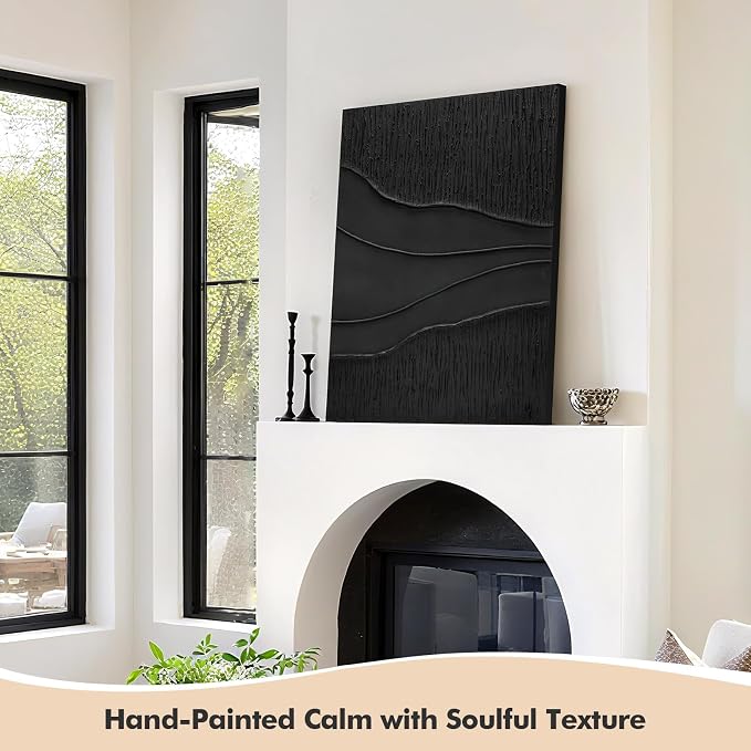 Large Black 3D Textured Wall Art, Hand-Painted Minimalist Canvas Artwork | Modern Abstract Vertical Wall Decor for Living Room Bedroom Office, Original Ocean Waves Oil Painting Home Decor, 24x36 in