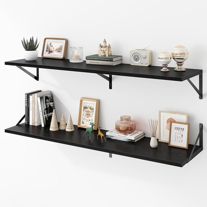 Acovy Deep Floating Shelves Wall Mounted, 48"x12" Black Wall Shelves with Brackets Set of 2 for Bedroom, Living Room, Bathroom, Kitchen, Office - Storage & Display Shelf for Decor, Books, Plants