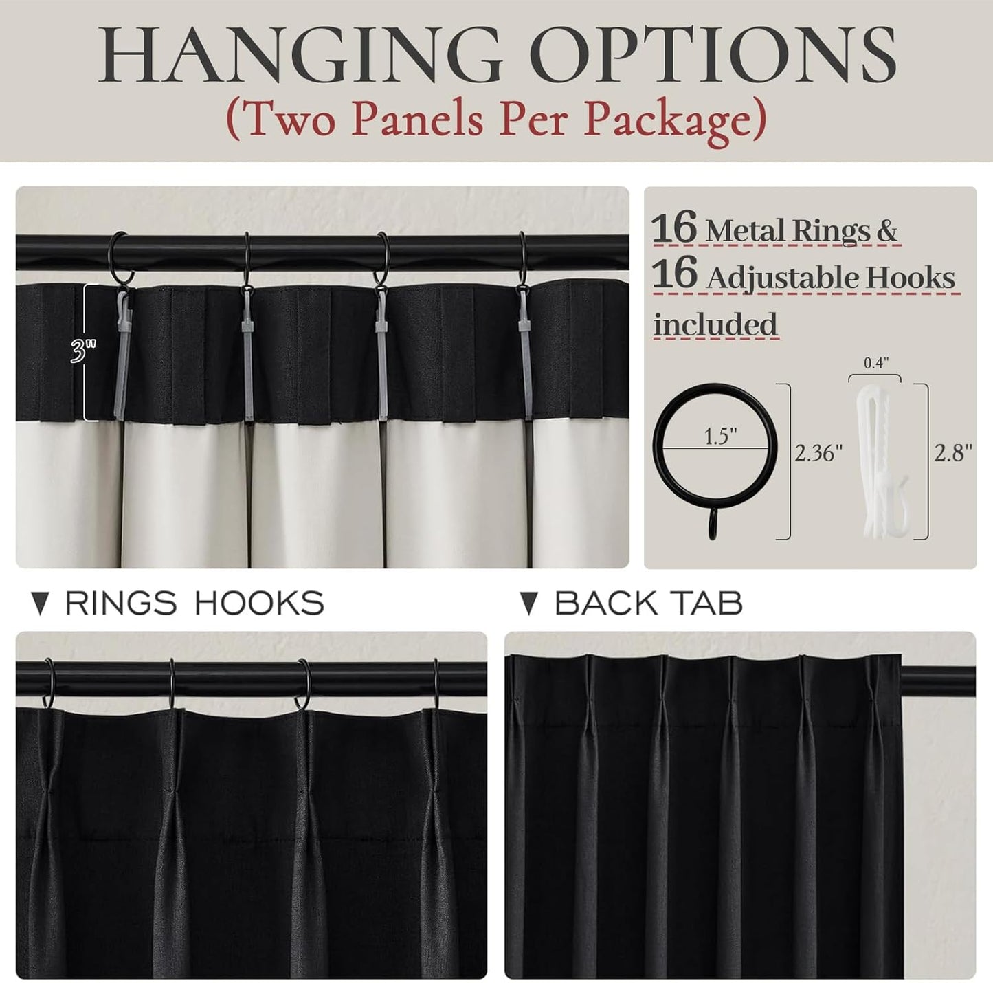 Unique Pinch Pleated Black Blackout Curtains 86 Inches Long for Living Room, Textured Linen Room Divider Window Curtain with Hooks Back Tab 2 Panels Set Thermal Thick Drapes 40" W x 86" L Length