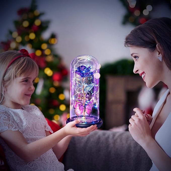 Mothers Day Mom Gifts for Mom Women Birthday Gift Galaxy Glass Rose in Glass Dome Forever Eternal Crystal Flowers with Butterfly Mother's Day Flower Gifts for Women Wife Grandma Daughter Sister Purple