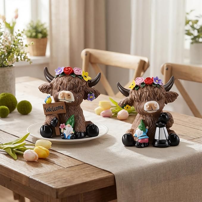 Karenhi 2 Pcs Spring Highland Cow Figurines, Garden Flower Crown Resin Cow Statues with Lantern & Welcome Sign, Gnomes Calf Lovers Gifts for Home Garden Kitchen Office Tiered Tray Table Decor