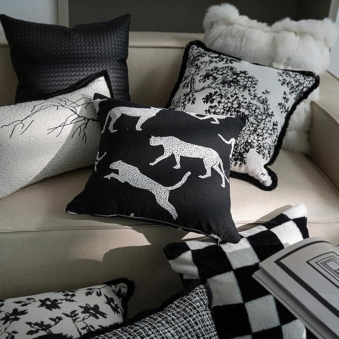 Croker Horse 20x20'' inches Throw Pillow Cushion Covers - Black Embroidery Pine Tree Luxury Modern Style with Tassel Couch Sofa Pillow Cover for Living Room Bedroom