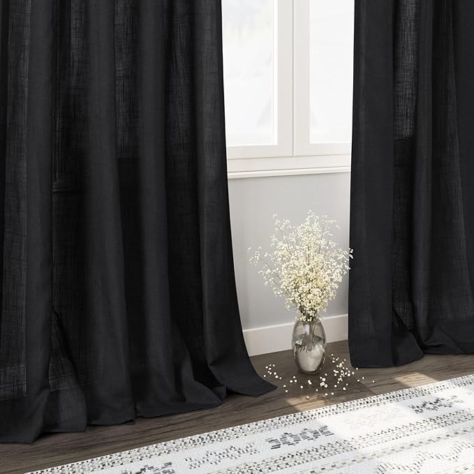 Nanspring Black Linen Curtains 90 Inches Long for Living Room 2 Panels Set Semi Sheer Vertical Curtains Back Tab Rod Pocket Simple Modern Privacy Curtain for Bedroom/Dinner Room 60x90