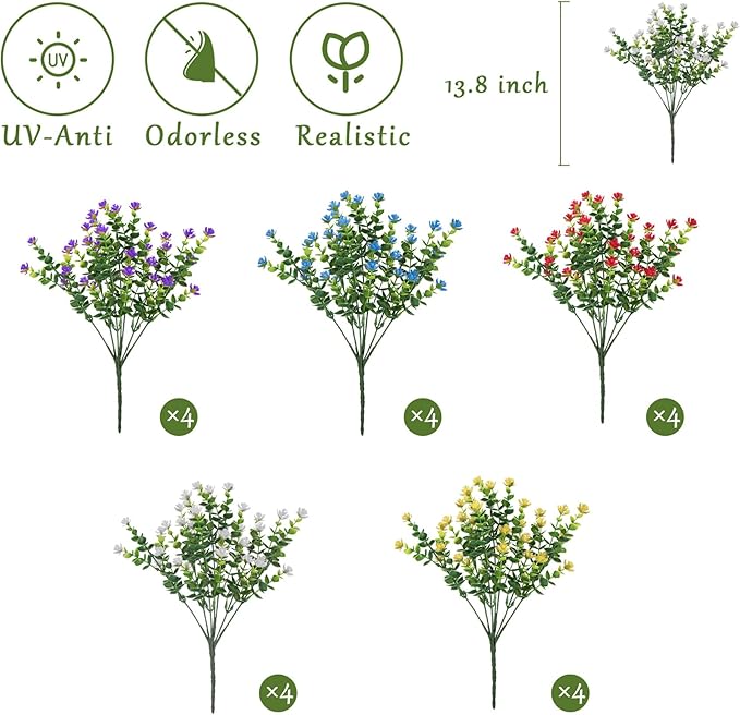NETAP Outdoor Artificial Flowers UV Resistant, 20 Bundles Fake Realistic Floral Greenery Plants for Outside Porch, Window Boxes, Garden, Yard, Inside Home Table Decor,MixcolorE