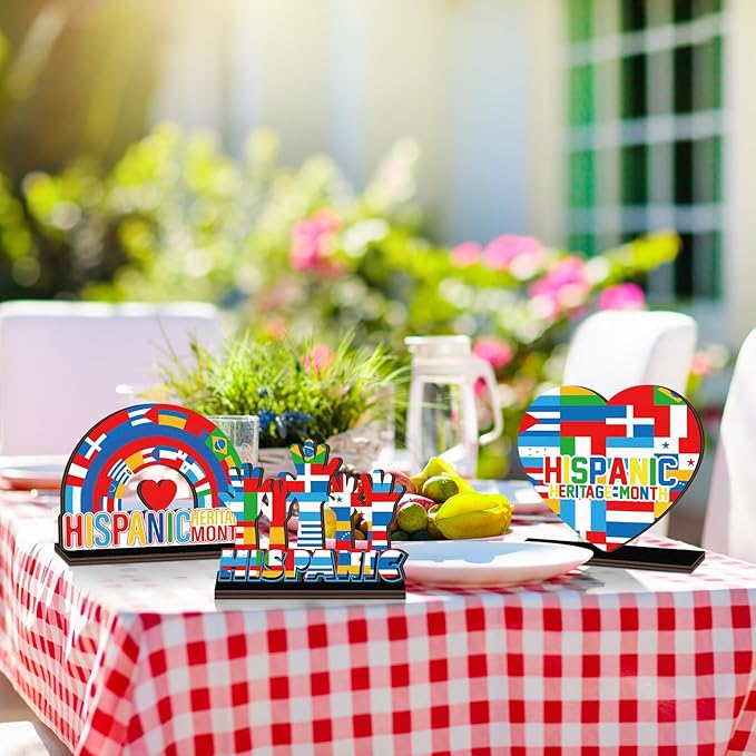 Cinnvoice 6 Pcs Hispanic Haritage Month Table Decorations Wooden Table Centerpieces Rustic Wood Tabletop Sign Decorations for Home Kitchen Office Farmhouse Desk Shelves Party Tiered Tray Decor