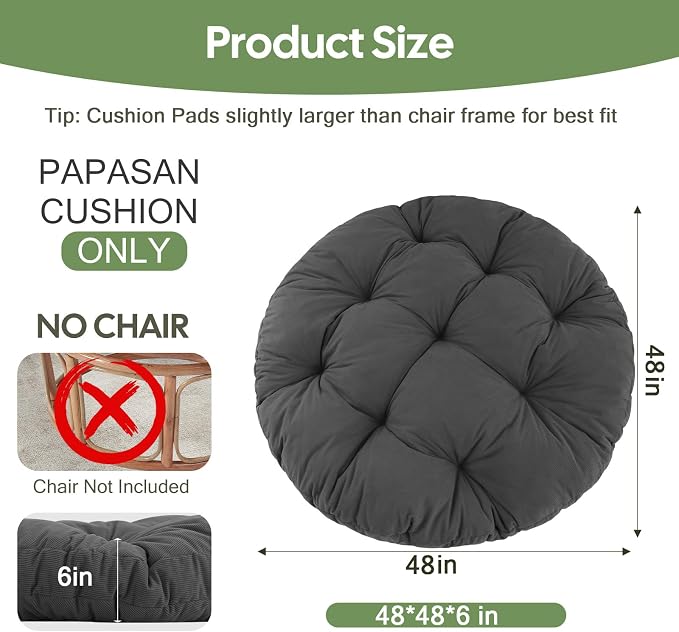 idee-home Papasan Chair Cushion, Circle Papasan Chair Cushion(Cushion Only) | Papasan Cushion with Thick Corduroy Cover, 48 x 48 Inch Cushion for Egg Chair, Dark Grey