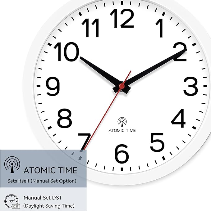 AKCISOT Atomic 10 Inch Wall Clock, Analog Indoor Battery Operated Clock for Kitchen Bedroom Office Classroom Living Room (White)