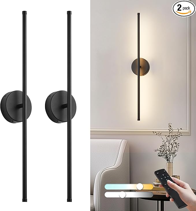 KARTOOSH Removable Battery Operated Wall Sconces with Remote Control 350°Rotate LED Wireless Wall Lights with 3 Color Temperatures & Dimming for Bedroom, Hallway,24.4 Inch (2 Pack)