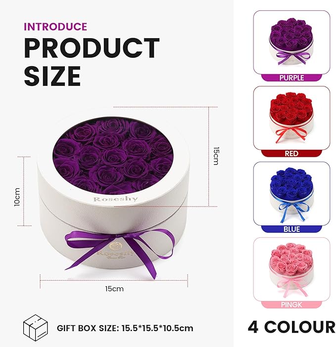 Mothers Day Flowers Roses Gifts for Mom,16pcs Purple Forever Preserved Roses in Round Gift Box,Mothers Day Delivery Prime Gifts-Roses Gifts for Women,Mom.
