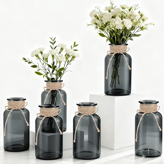 Vintage Glass Flower Vase, Farmhouse Glass Centerpiece Vases Mason Jars for Weddings, Parties & Home Decor Bulk (6, Black)