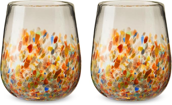 Segunda Vida Artistico Hand Blown Stemless Wine Glasses, Recycled Drinking Glasses with Rainbow Speckled Pattern, Mexican Glassware for Wedding Gifts, Housewarming, Cocktail Party, 13 oz Set of 2