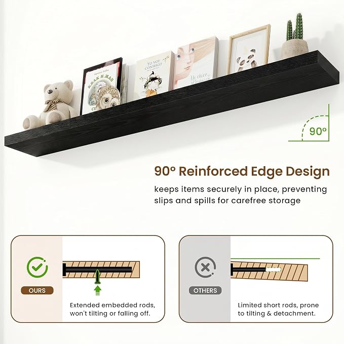 Marsmiles 55in Floating Shelves for Wall, 72" W x 9.25" D x 1.5" H, Long Wall Mounted Engineered Wood Shelves with Invisible Brackets for Living Room, Bedroom, Bathroom, Kitchen, Black, 2Pcs