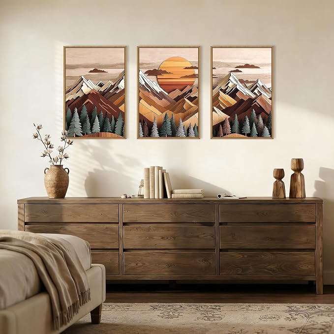 KAIRNE Woodcut Style Mountain Framed Canvas Wall Art Set,Wooden Pine Tree Wall Decor,Vintage Forest Landscape Art Prints,Nature Sunrise Artwork for Living Room,Bedroom,Farmhouse,Office-24 x36 x3