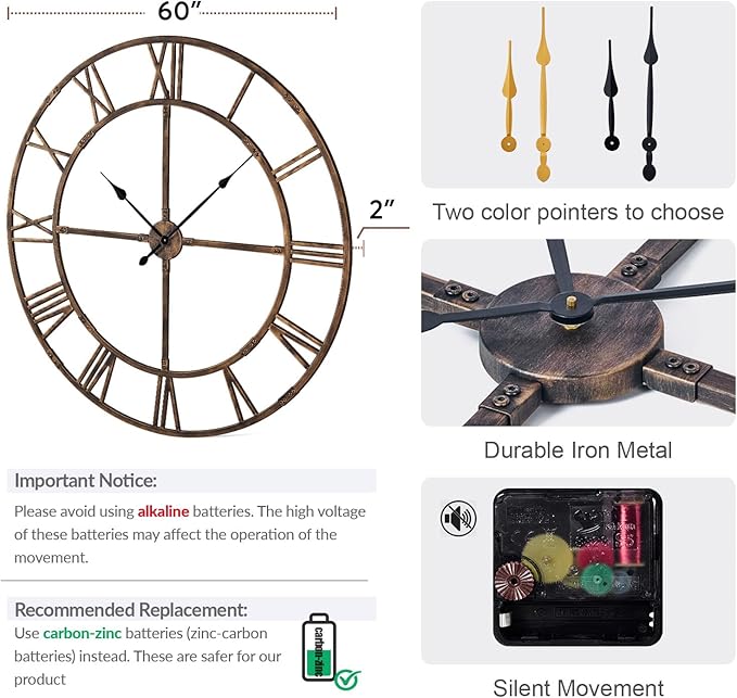 Large Wall Clock for Living Room Decor – 60 Inch Knocked-Down (KD) Silent Non-Ticking Modern Farmhouse Wall Clock, Oversized Decorative Metal Roman Numeral Clock (Bronze, 60 Inch)