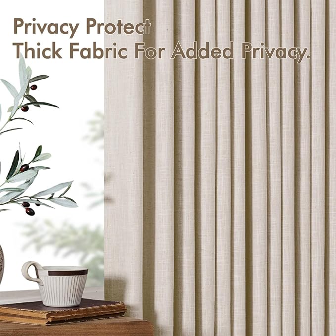 MIULEE Pinch Pleated Thick Linen Curtains 102 Inches Long 2 Panels for Living Room Bedroom, Pinch Pleat Drapes Back Tab Memory Trained Semi Sheer Privacy Neutral Ivory Cream Farmhouse Window Curtains