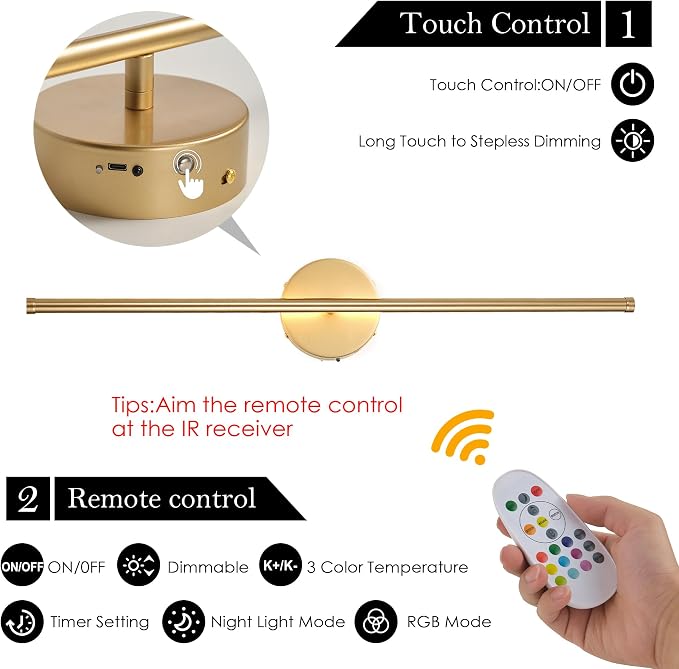 KARTOOSH Battery Operated Wall Sconces Set of Two, with Remote Control, Dimmable, Warm White/Natural White/Daylight/RGB, 350°Rotate, LED Gold Wireless Wall Light for Living Room, Bedroom, 28.3 Inch