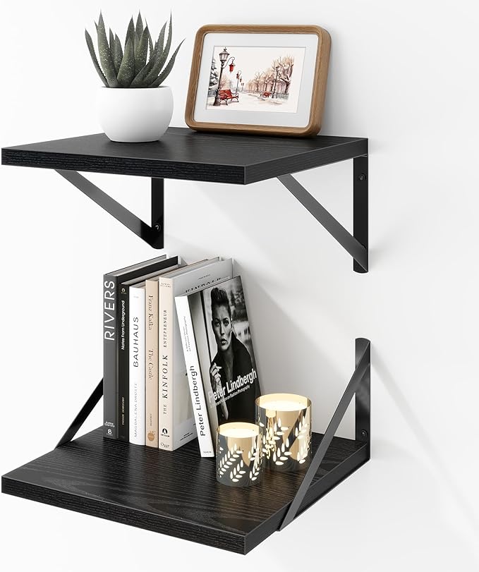 Acovy Deep Floating Shelves Wall Mounted, 12"x12" Black Wall Shelves with Brackets Set of 2 for Bedroom, Living Room, Bathroom, Kitchen, Office - Storage & Display Shelf for Decor, Books, Plants