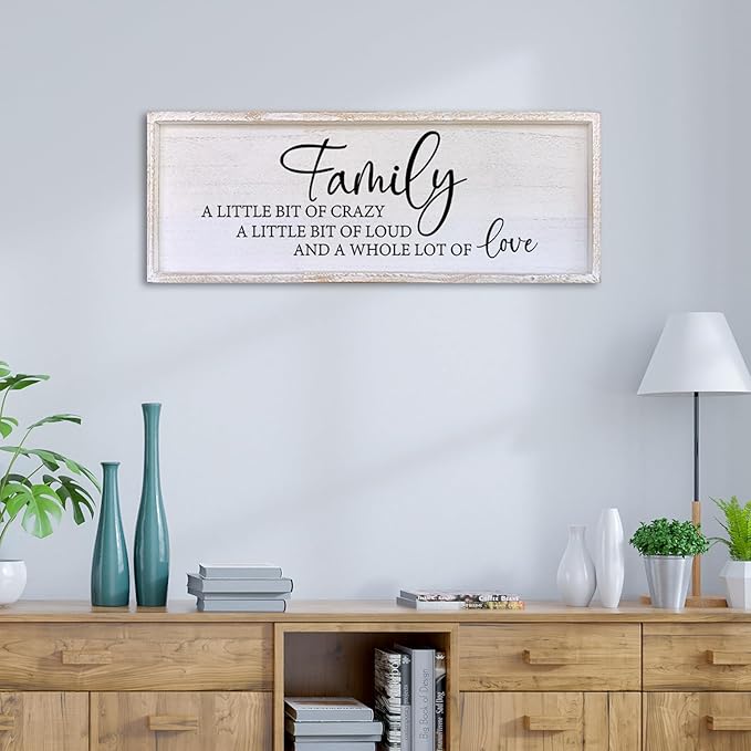Family A Little Bit Of Crazy Sign Wall Decor 40"×15" Rustic Farmhouse Living Room Large Soild Wood Framed Hallway Hanging Sign Aesthetic Inspirational Quotes Entryway Home Wall Art (White)