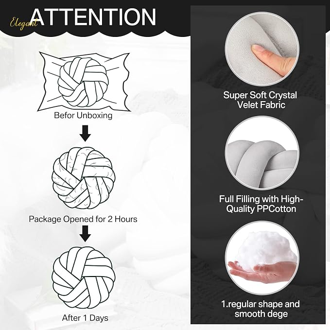 Fumete 2 Pcs 14 Inches Knot Pillow Round Throw Soft Plush Knot Ball Pillow Handmade Knotted Modern Home Decorative Cushion for Bed Bedroom, Sofa, Couch (Gray)