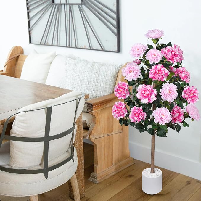 2 Pack 4FT Artificial Peony Tree, Fake Pink Trees for Outdoors Decor | 21 Blooming Peonies Flowers, Artificial Flowering Trees, For Front Door Porch Patio Living Room Office Indoor Outdoor Decor