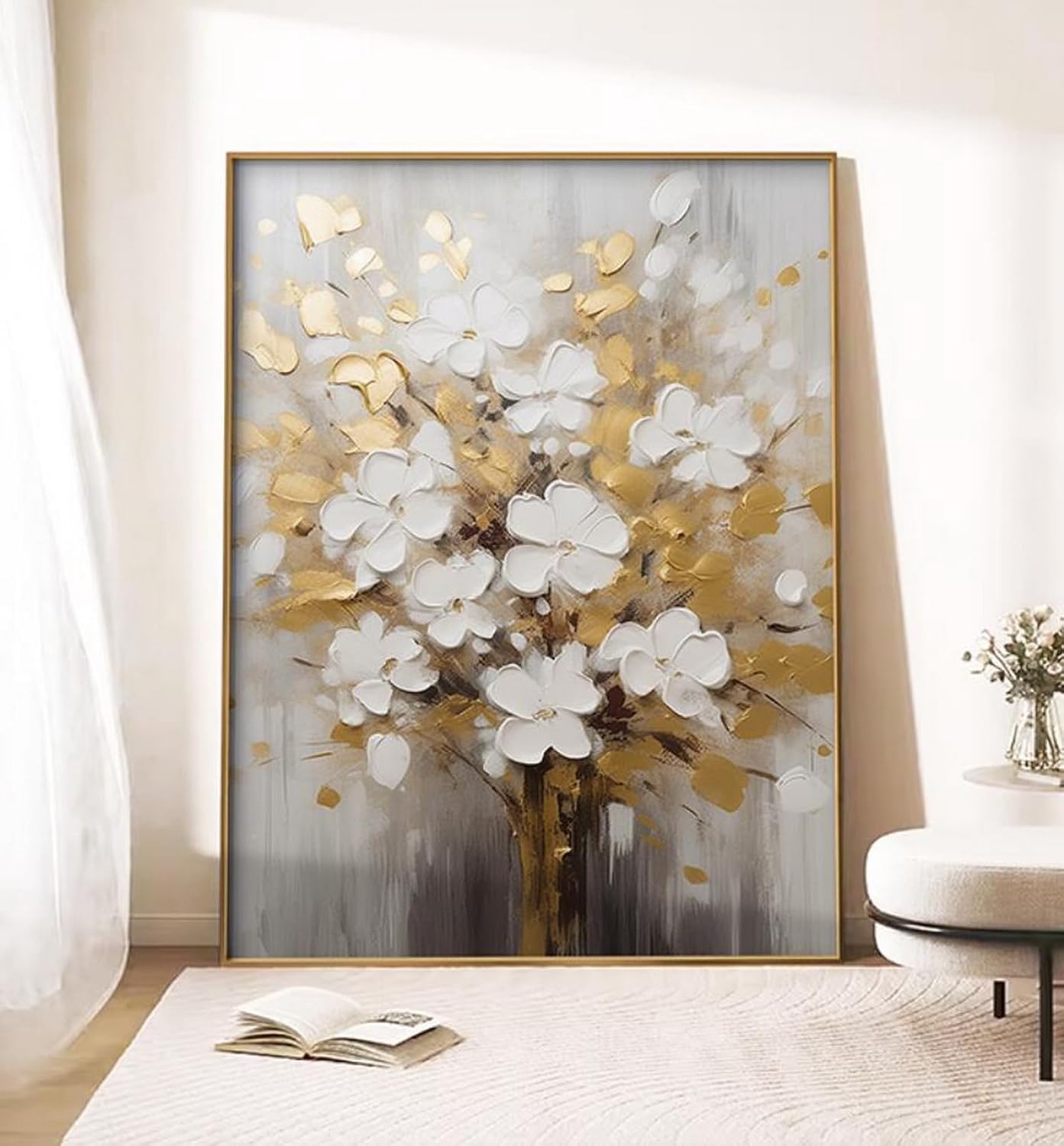 Hand-Painted White and Gold Flowers Painting On Canvas for Living Room,Large 3D Floral Wall Art for Office,Framed Golden Leaf Textured Artwork for Bedroom Girl's Room Wall Decor 30x48inch