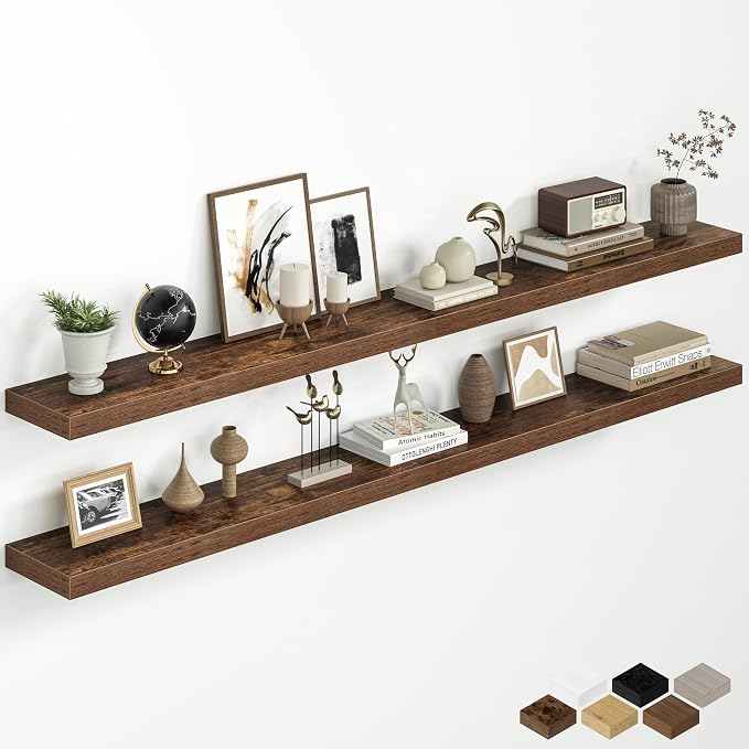 Fun Memories 67 Inch Floating Shelves for Wall, 8 Inch Deep Wall Mounted Wood Shelves with Invisible Brackets for Bathroom, Bedroom & Kitchen Storage Decor, Rustic Brown, 2 Pack