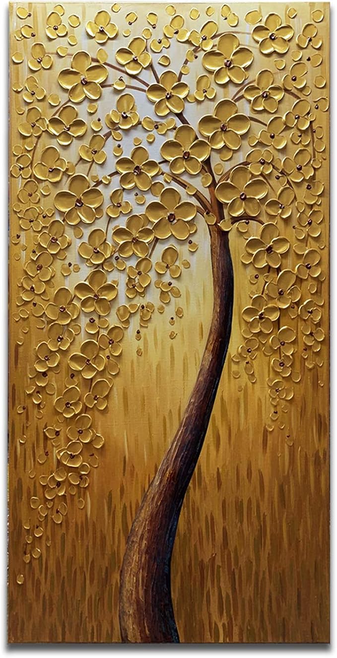 Yika Art, 3D Paintings Modern Abstract Oil Painting Hand Painted On Canvas Abstract Artwork Picture Wall Decoration for living room - Golden Lucky Tree Wall Art-24X48 Inch