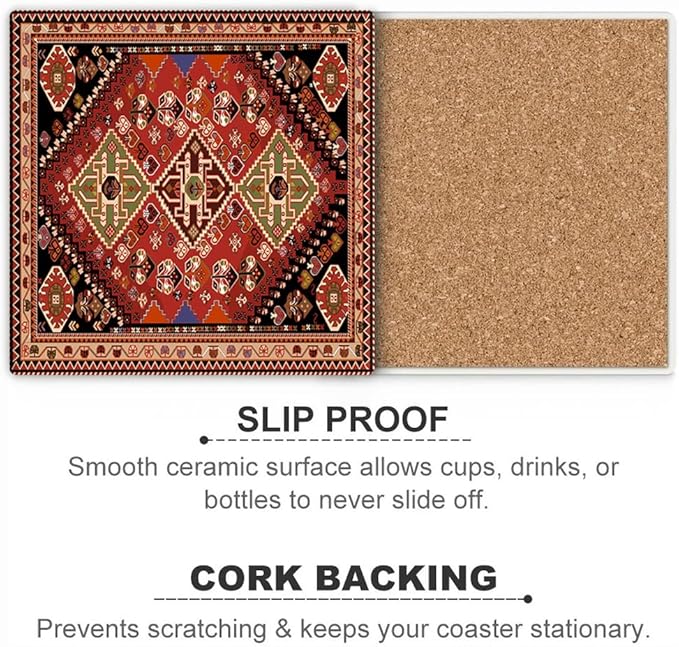 Drink Coasters for Drinks Set of 6, Red Tribal Geometric Pattern Absorbent Square Ceramic Stone Mat Coaster, with Cork Base and Metal Holder, Home Bar Decor House Warming Gift