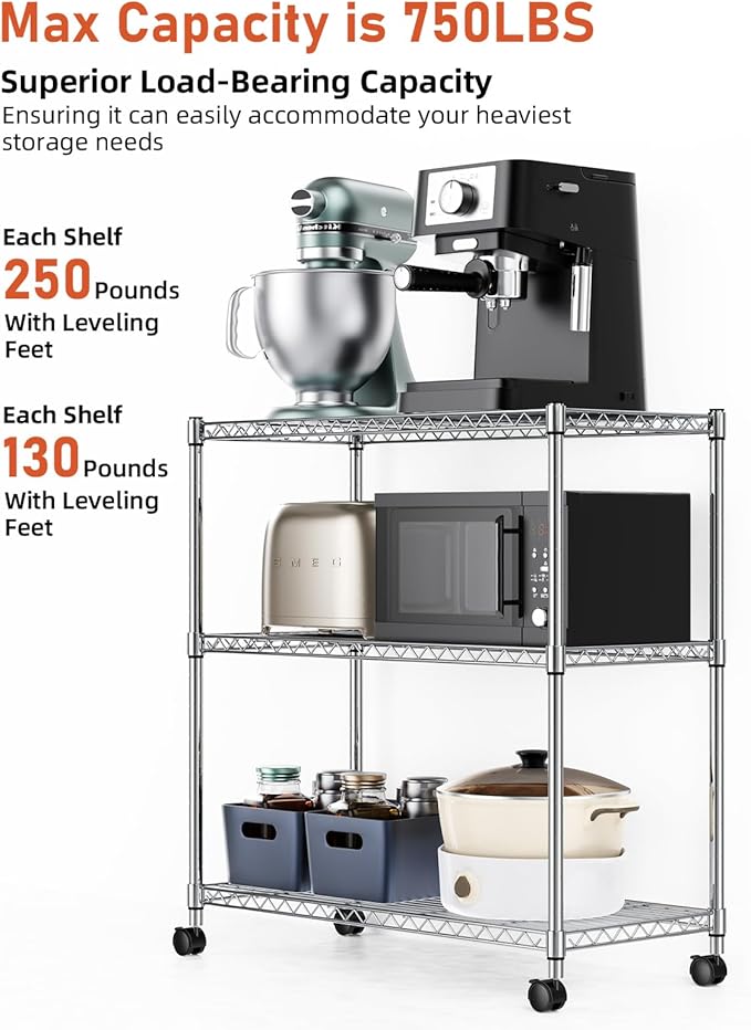 Simple Deluxe 3-Tier Heavy Duty Storage Shelves 750Lb Capacity, 24.02" D x 13.78" W x 29.92" H Adjustable Shelving Unit with Wheels, Chrome, 2 Pack