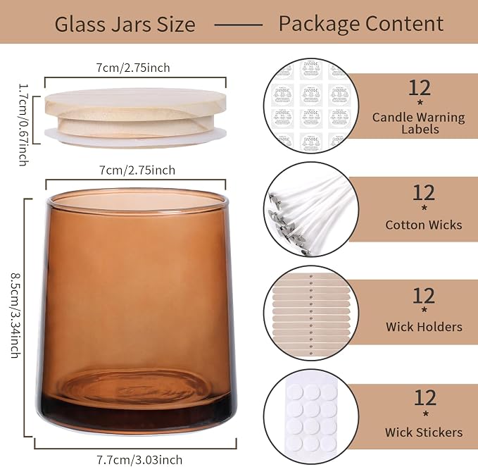 DARJEN 12 Pack Amber Candle Jars for Making Candles- 9 OZ Empty Glass Candle Making Jars with Making Kits, Candle Making Supplies Candle Containers for Home DIY & GIFS