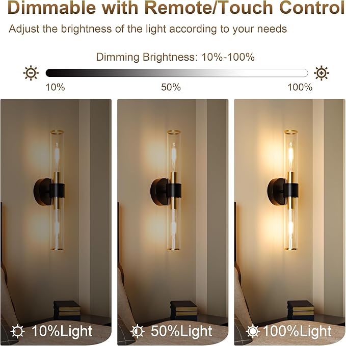 10000mAh Battery Operated Wall Sconces Set of 2, Black Gold Dimmable Rechargeable Wall Sconce with Remote, 20 Inch Wireless Warm Glass Wall Light for Bedroom Living Room Entryway (Bulbs Included)