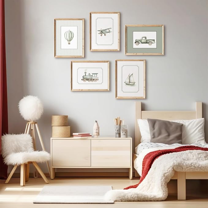 Sage Green Nursery Wall Art Boys Room Canvas Poster Kids Wall Decor Vintage Vehicle Prints Baby Toddler Pictures Transportation Plane Painting Train Truck Artwork for Bedroom 8x10 Inch Unframed