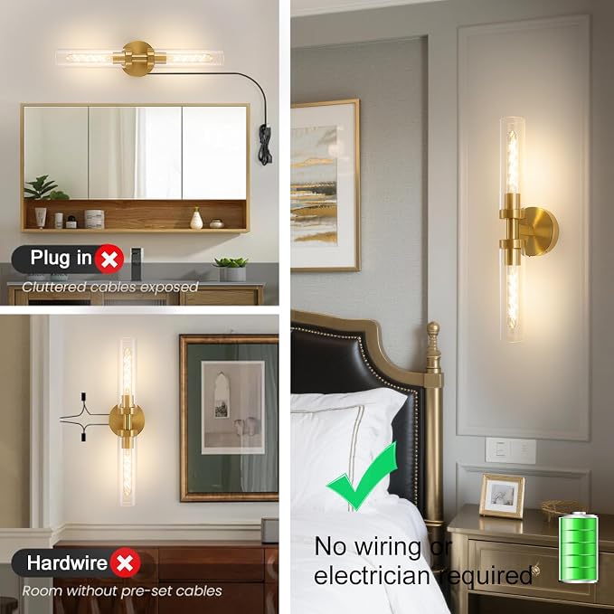 Battery Operated Wall Sconces, Wall Sconce Set of 2, 3000K-6500K Gold Rechargeable Wall Lamp with Remote, Indoor Non-Hardwired Wall Sconce, Modern Vanity Light for Bedroom, Living Room, Aisle