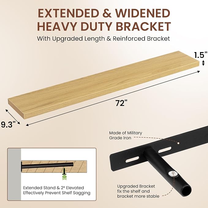 Dreamland 72 Inches Floating Shelves for Wall,9.3" Deep Long Floating Shelves Set of 1,Large Display & Storage Shelf,Wall Shelf for Bathroom Bedroom Living Room Kitchen Office,Oak