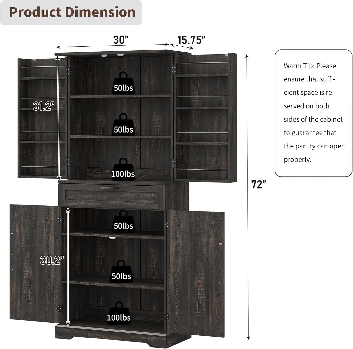 72'' Kitchen Storage Pantry Cabinet, Tall Storage Cabinet with 8 Door Shelves, 2 Cabinets and 1 Drawer, Freestanding Cupboard for Kitchen, Dining Room, Bathroom, Laundry, Living Room, Dark Rustic Oak