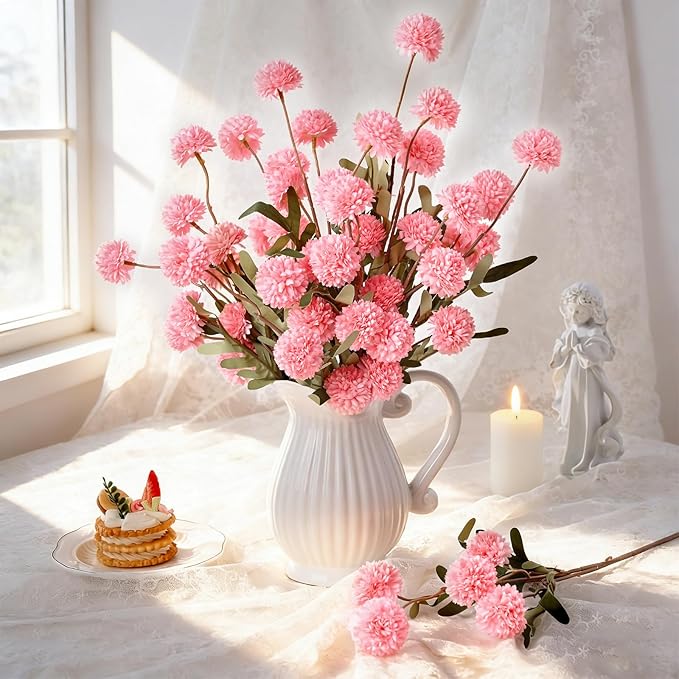 Waipfaru 10pcs Fake Flowers, Artificial Pompon Mums, Bulk Faux Chrysanthemums Flowers for Indoor Home Decorations, Boho Decor, Pink, No vase