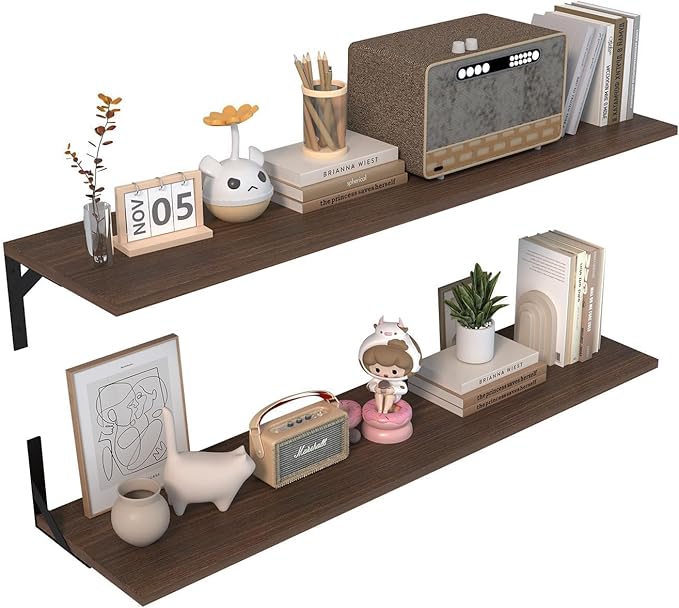 Long Wall Shelves, 48" W x 12" D Large Floating Shelves Set of 2, Wide Display Wood Shelf Wall Mounted with Heavy-Duty Metal Brackets for Bedroom Books, Living Room, Kitchen, Walnut