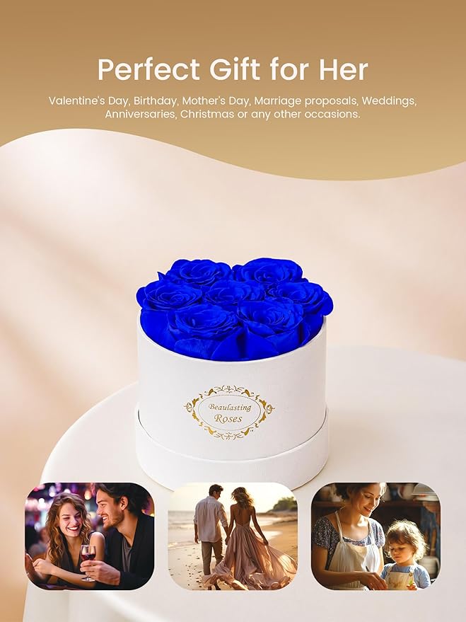 Beaulasting Long Lasting Preserved Roses in a Box Last a Year Forever Flowers for Her Mom Wife Anniversary Birthday (Round White Box, Royal Blue)